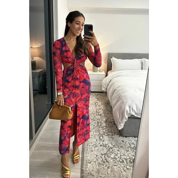 Louna Dresses & Skirts - Louna Pink Blue Floral Cutout Midi Dress – Size M